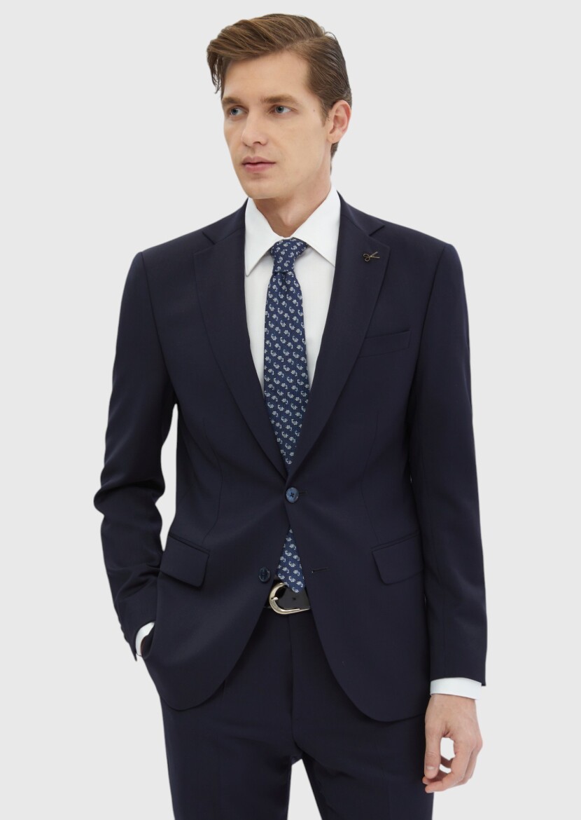 Navy Blue Plain Modern Fit 100% Wool Suit - 1