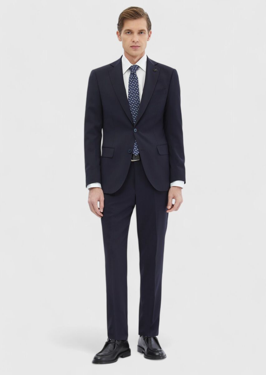 Navy Blue Plain Modern Fit 100% Wool Suit - 2