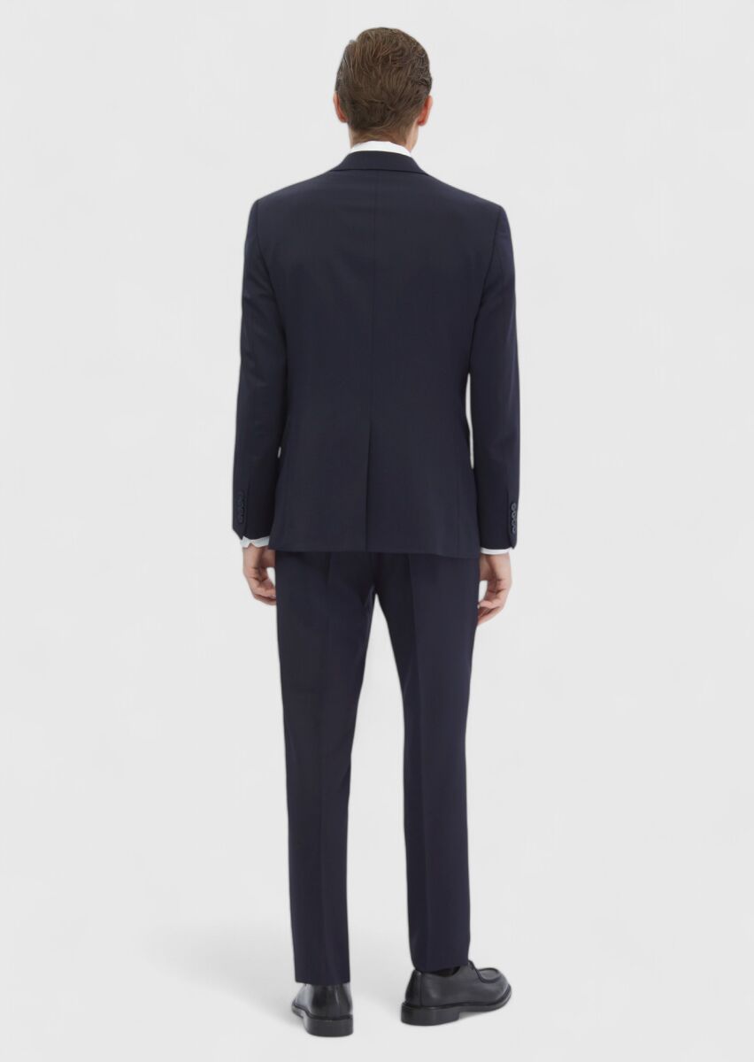 Navy Blue Plain Modern Fit 100% Wool Suit - 6