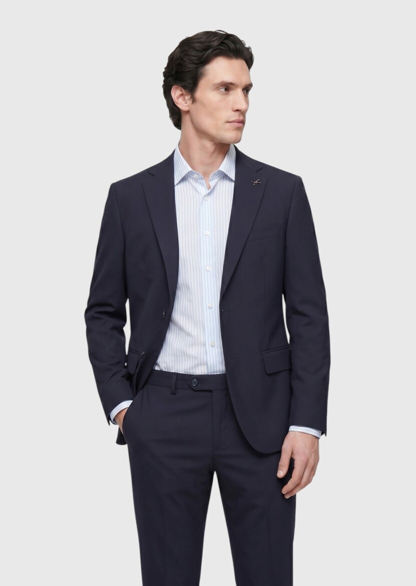 Navy Blue Plain Modern Fit 100% Wool Suit - RAMSEY