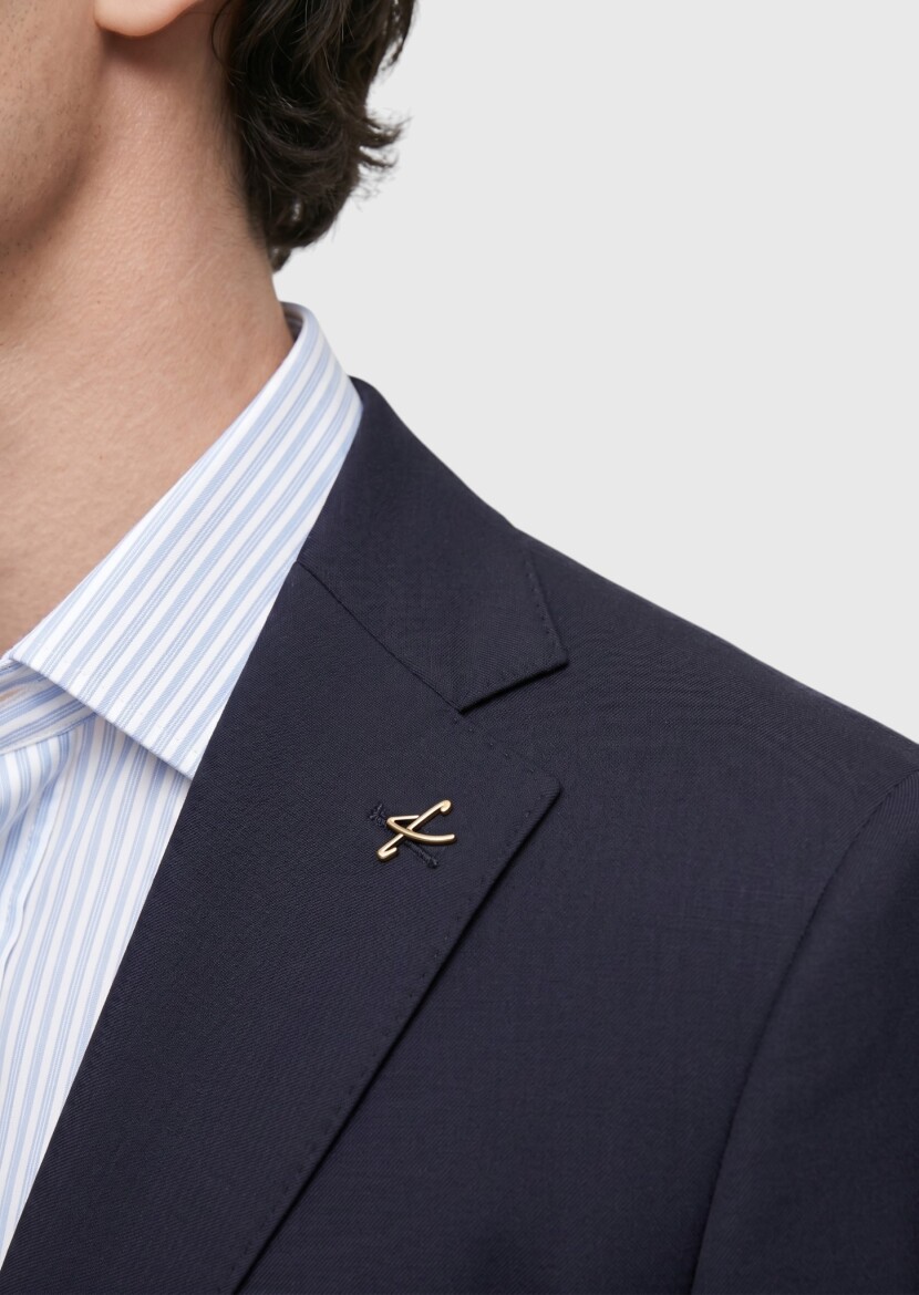 Navy Blue Plain Modern Fit 100% Wool Suit - 3