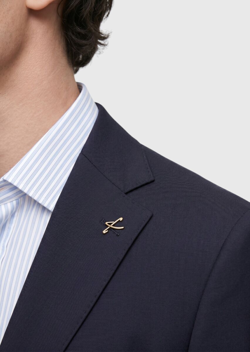 Navy Blue Plain Modern Fit 100% Wool Suit - 3