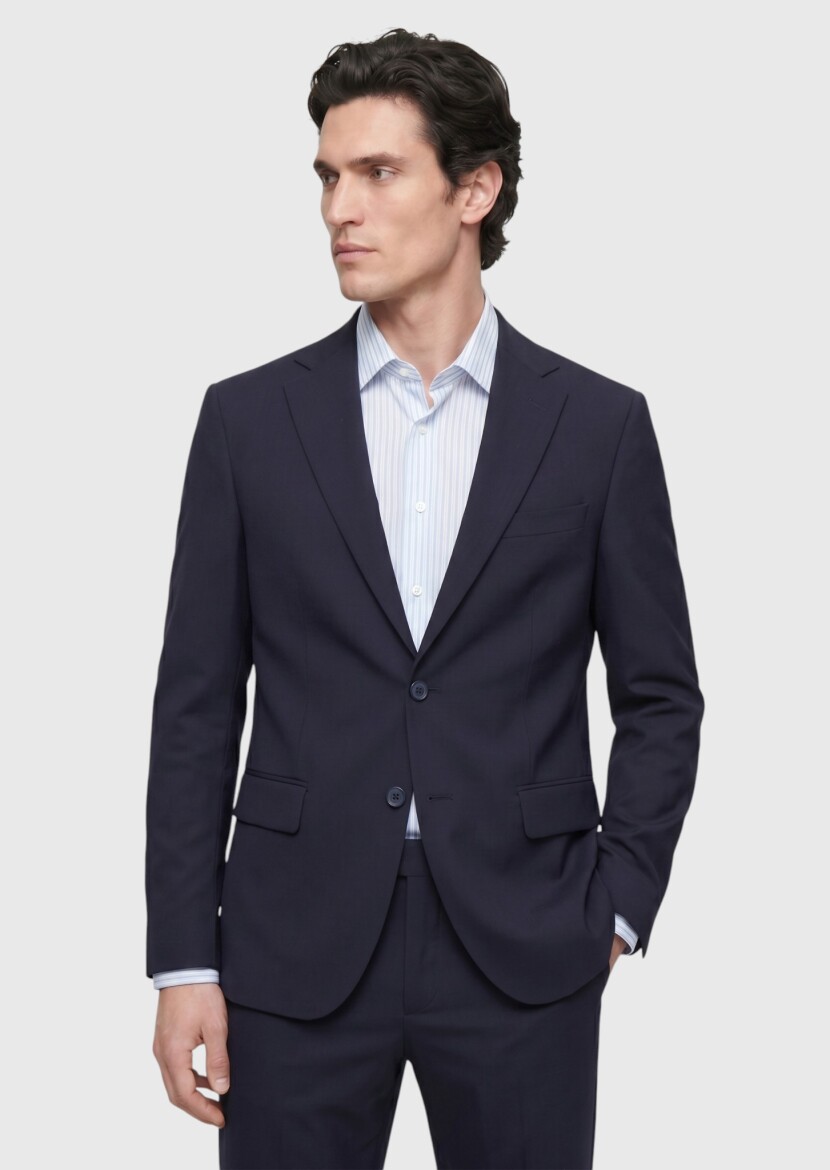 Navy Blue Plain Modern Fit 100% Wool Suit - 4