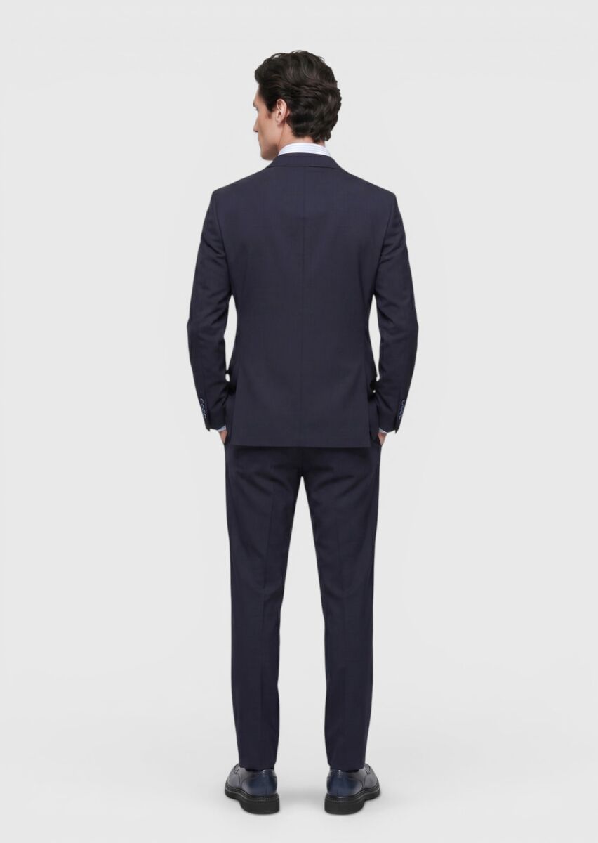 Navy Blue Plain Modern Fit 100% Wool Suit - 5