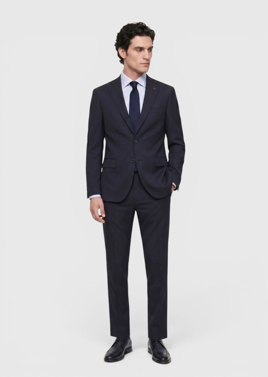 Navy Blue Plain Modern Fit 100% Wool Suit - 1