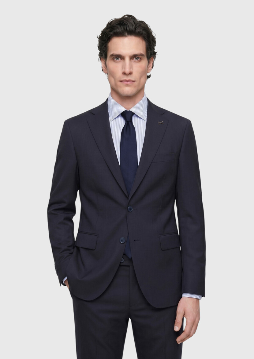 Navy Blue Plain Modern Fit 100% Wool Suit - RAMSEY