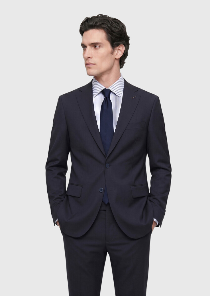 Navy Blue Plain Modern Fit 100% Wool Suit - 4