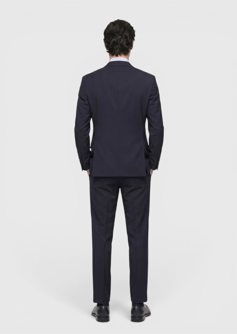 Navy Blue Plain Modern Fit 100% Wool Suit - 5