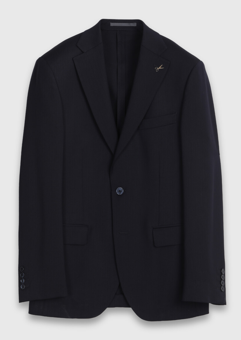 Navy Blue Plain Modern Fit 100% Wool Suit - 6