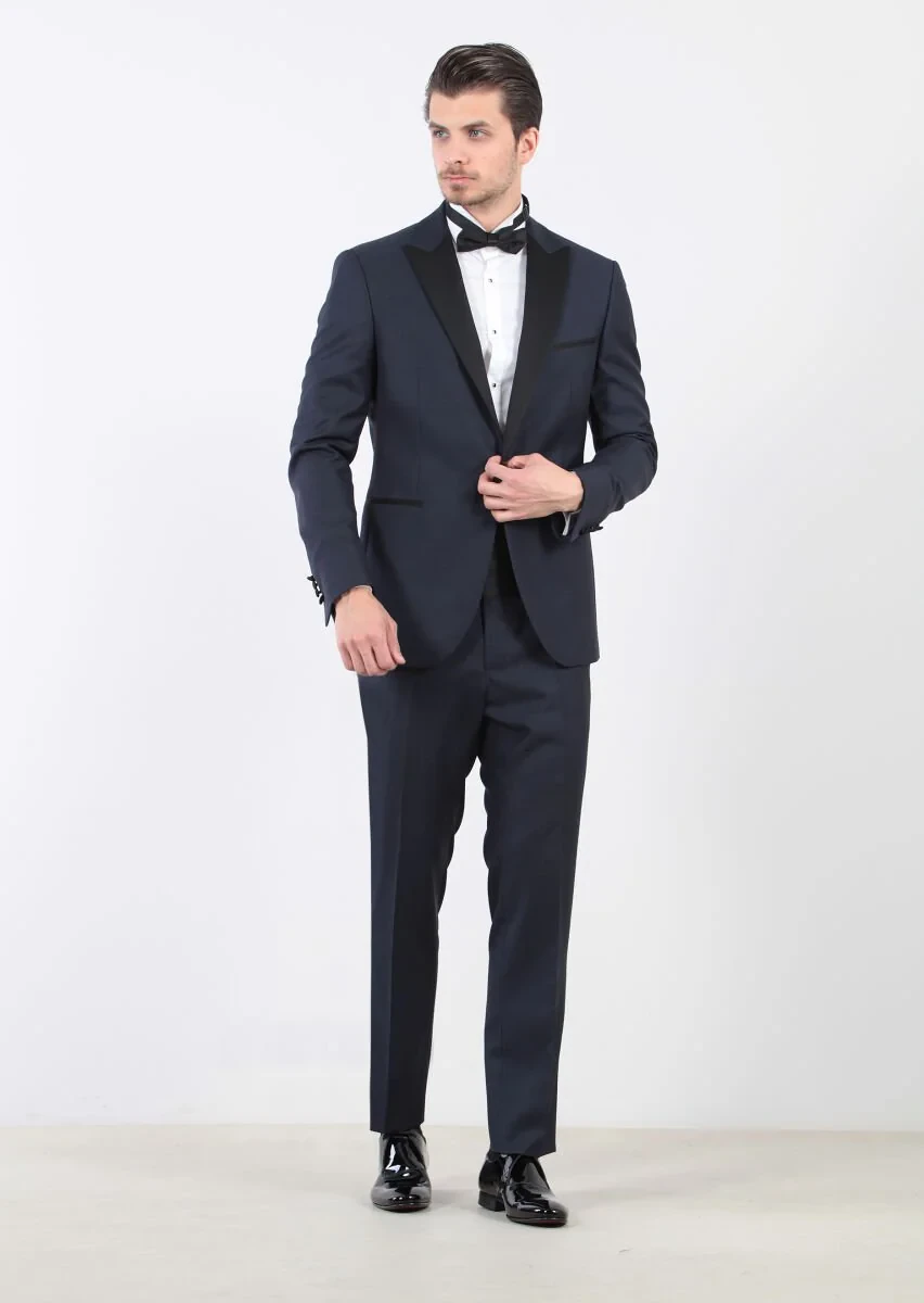 Navy Blue Plain Modern Fit Double Breasted Collar Weaving Tuxedo - 1