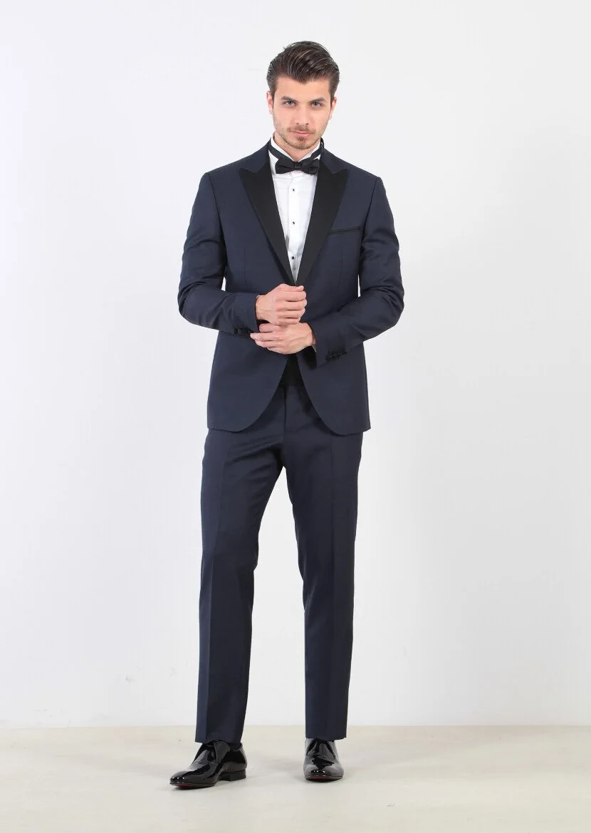 Navy Blue Plain Modern Fit Double Breasted Collar Weaving Tuxedo - 4