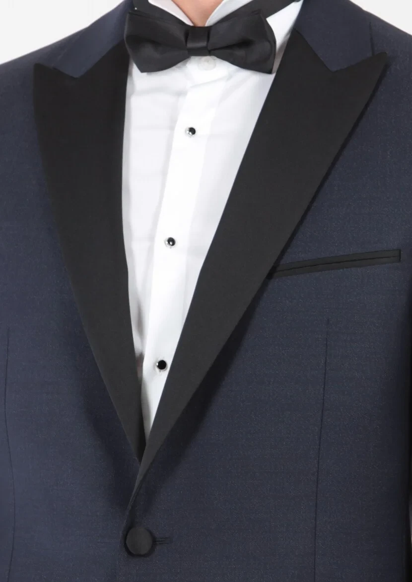 Navy Blue Plain Modern Fit Double Breasted Collar Weaving Tuxedo - 5