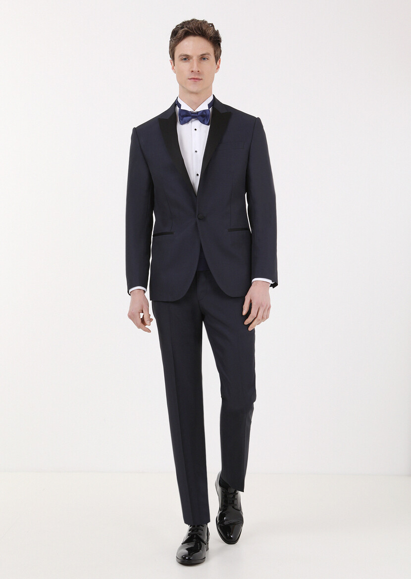 Navy Blue Plain Modern Fit Double Breasted Collar Weaving Tuxedo - 1