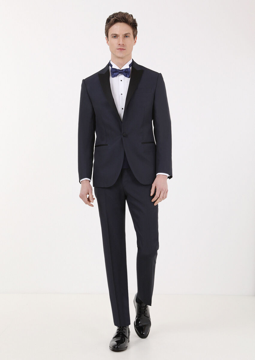 Navy Blue Plain Modern Fit Double Breasted Collar Weaving Tuxedo - 1