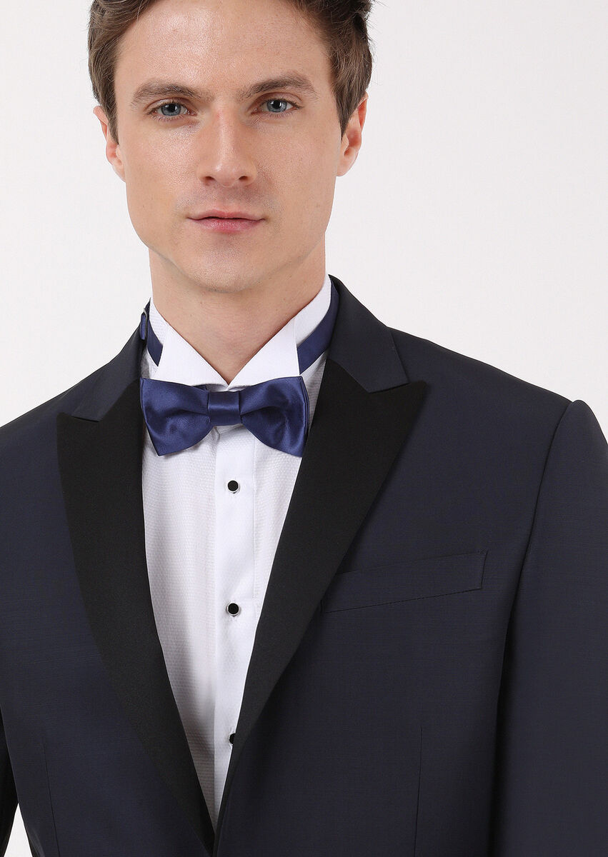 Navy Blue Plain Modern Fit Double Breasted Collar Weaving Tuxedo - 2