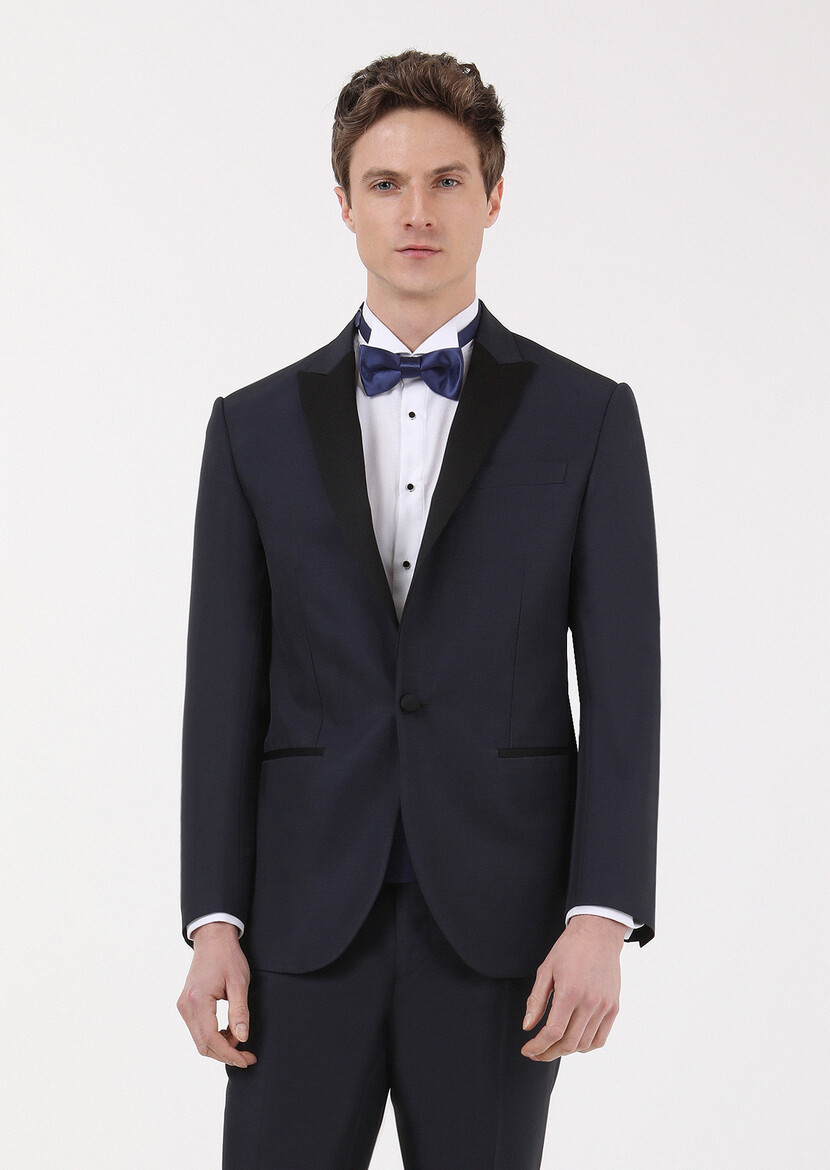 Navy Blue Plain Modern Fit Double Breasted Collar Weaving Tuxedo - 3