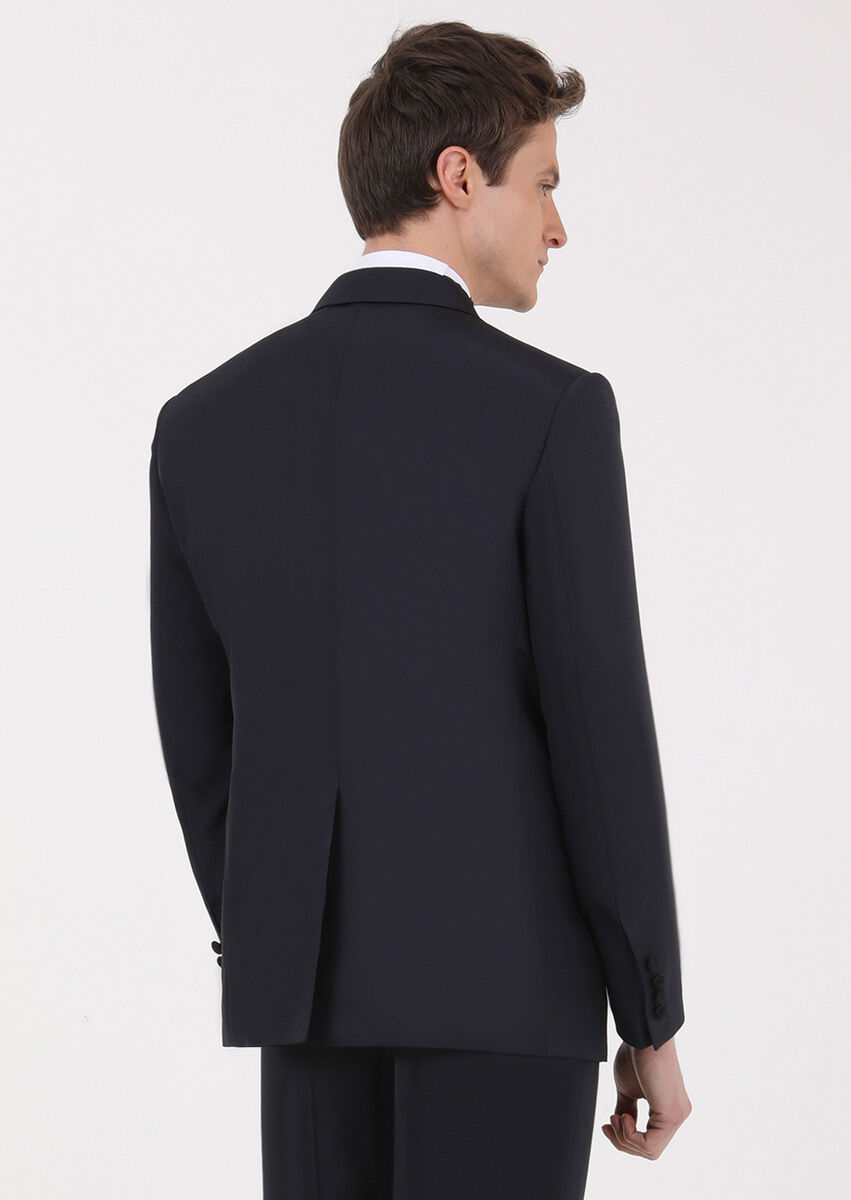 Navy Blue Plain Modern Fit Double Breasted Collar Weaving Tuxedo - 4