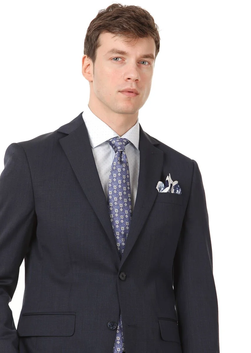 Navy Blue Plain Modern Fit Wool Blended Suit - 2