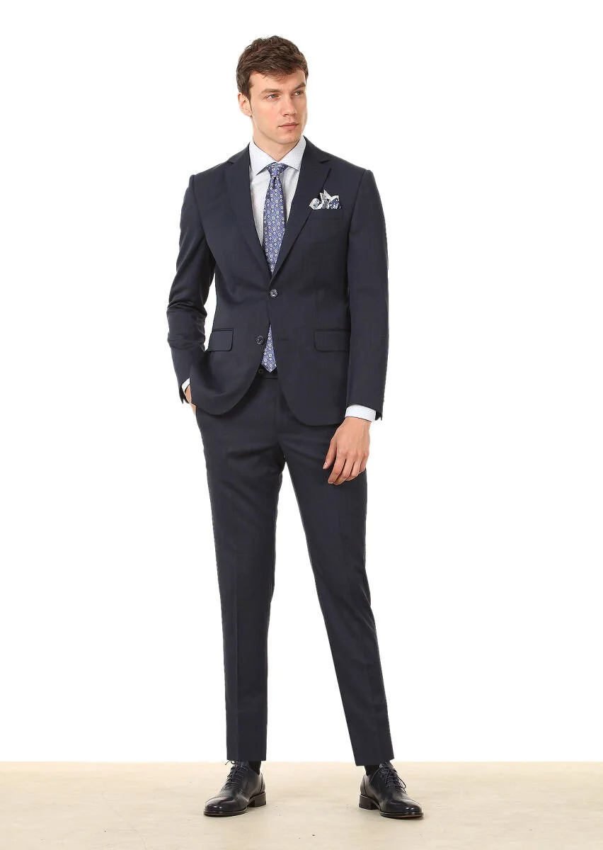 Navy Blue Plain Modern Fit Wool Blended Suit - 3