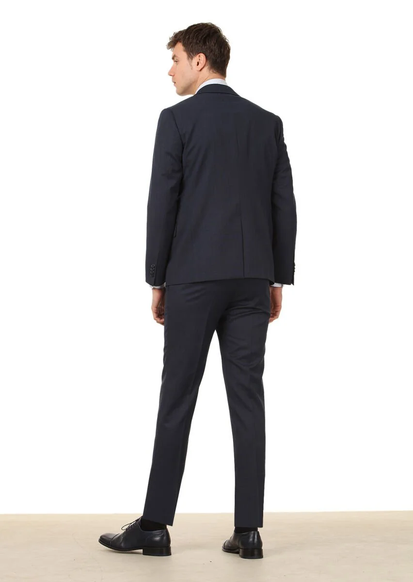 Navy Blue Plain Modern Fit Wool Blended Suit - 4