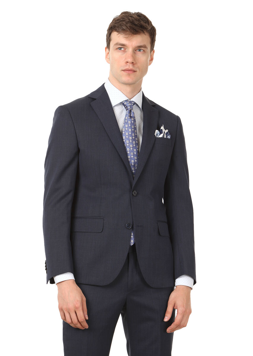 Navy Blue Plain Modern Fit Wool Blended Suit - 1