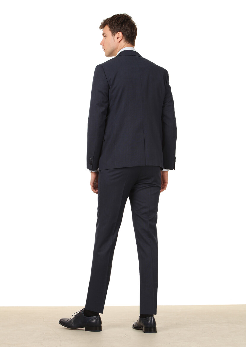 Navy Blue Plain Modern Fit Wool Blended Suit - 4