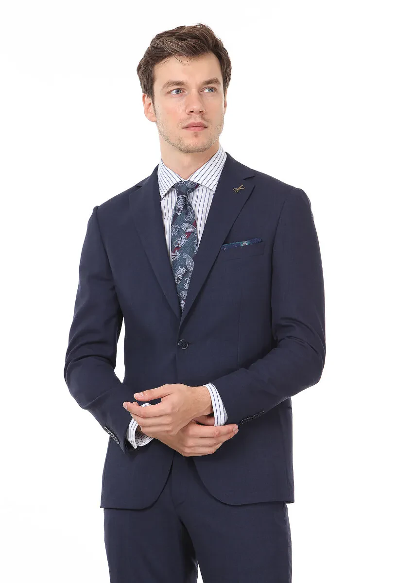 Navy Blue Plain Modern Fit Wool Blended Suit - 1