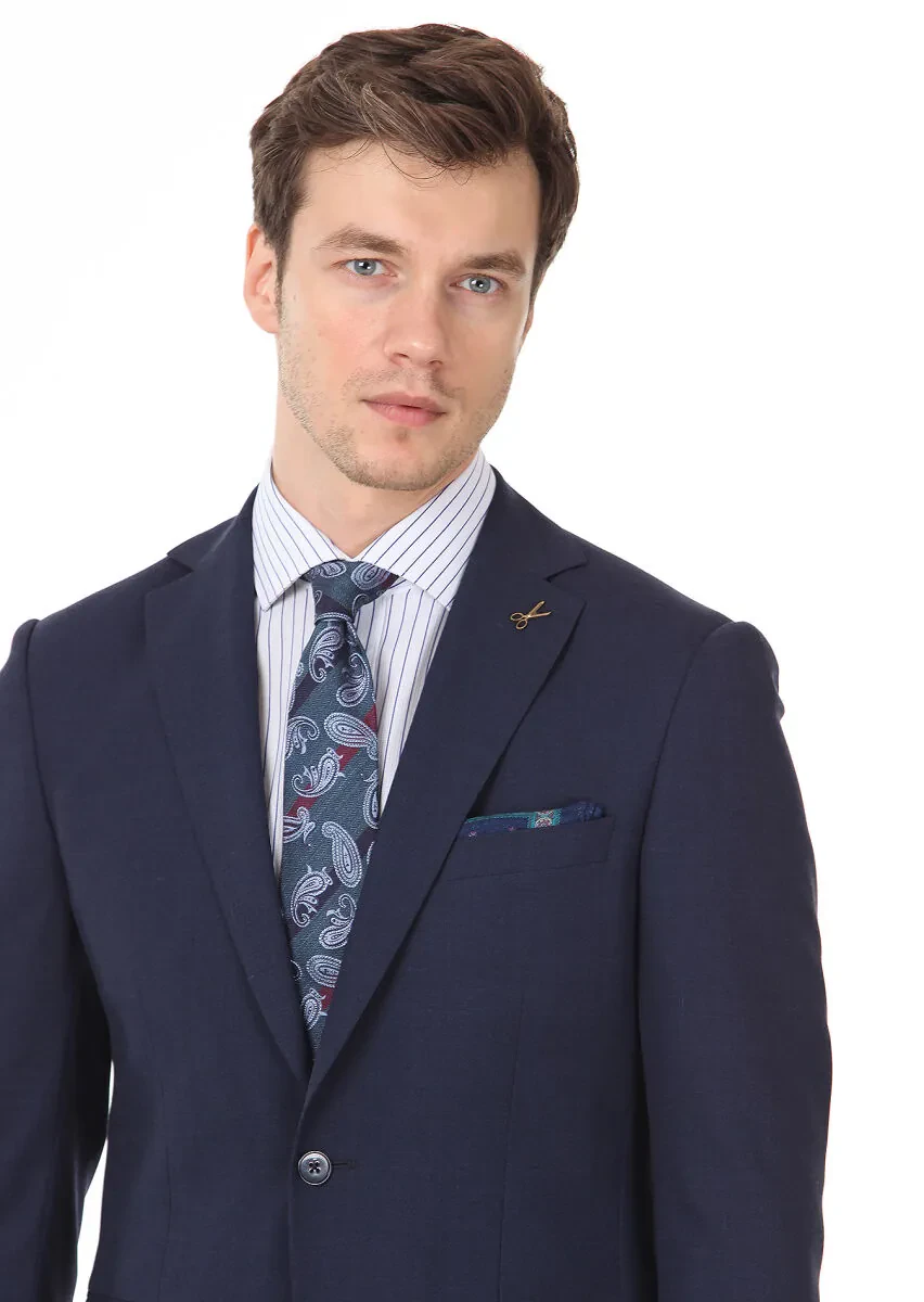 Navy Blue Plain Modern Fit Wool Blended Suit - 2