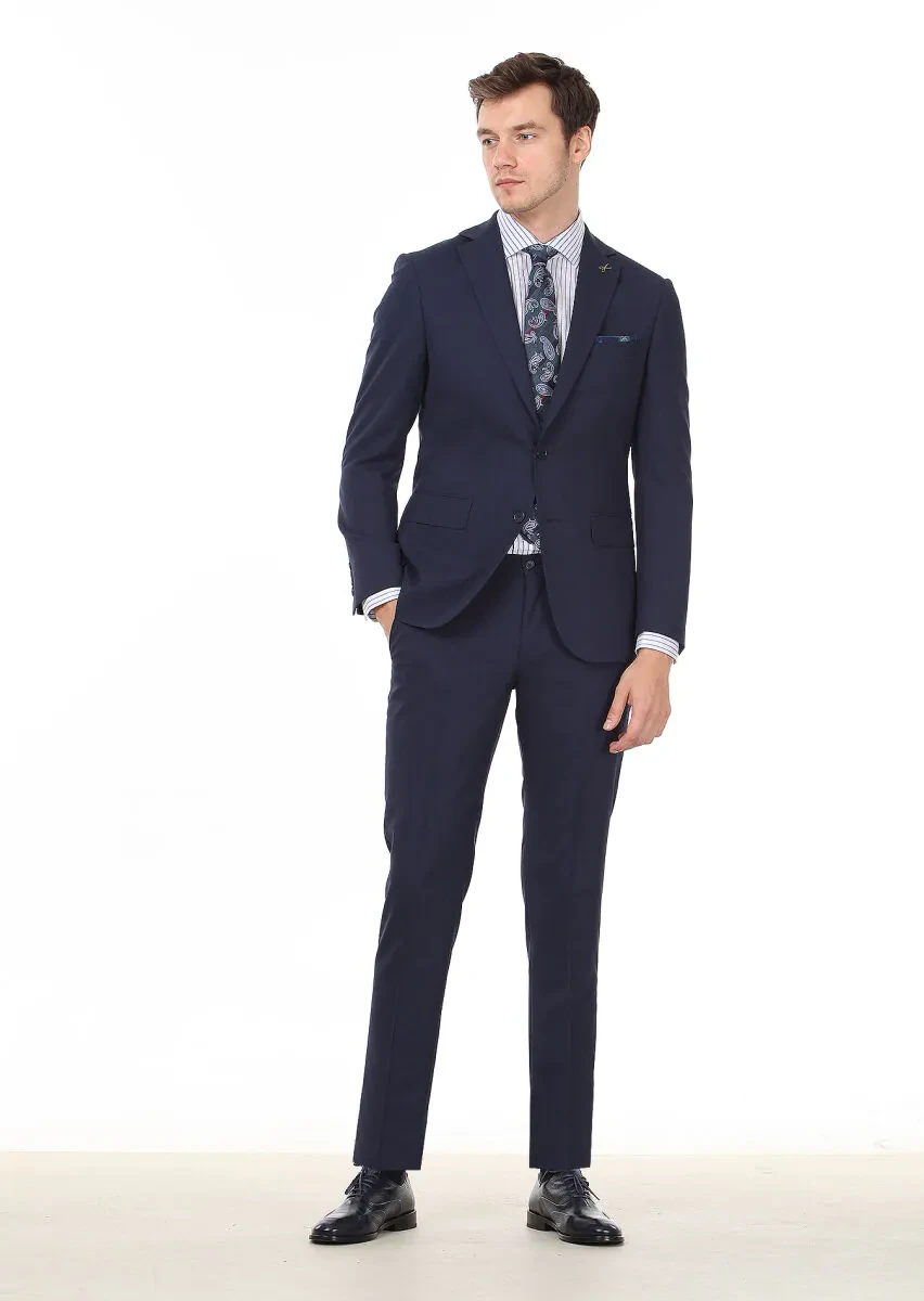 Navy Blue Plain Modern Fit Wool Blended Suit - 3