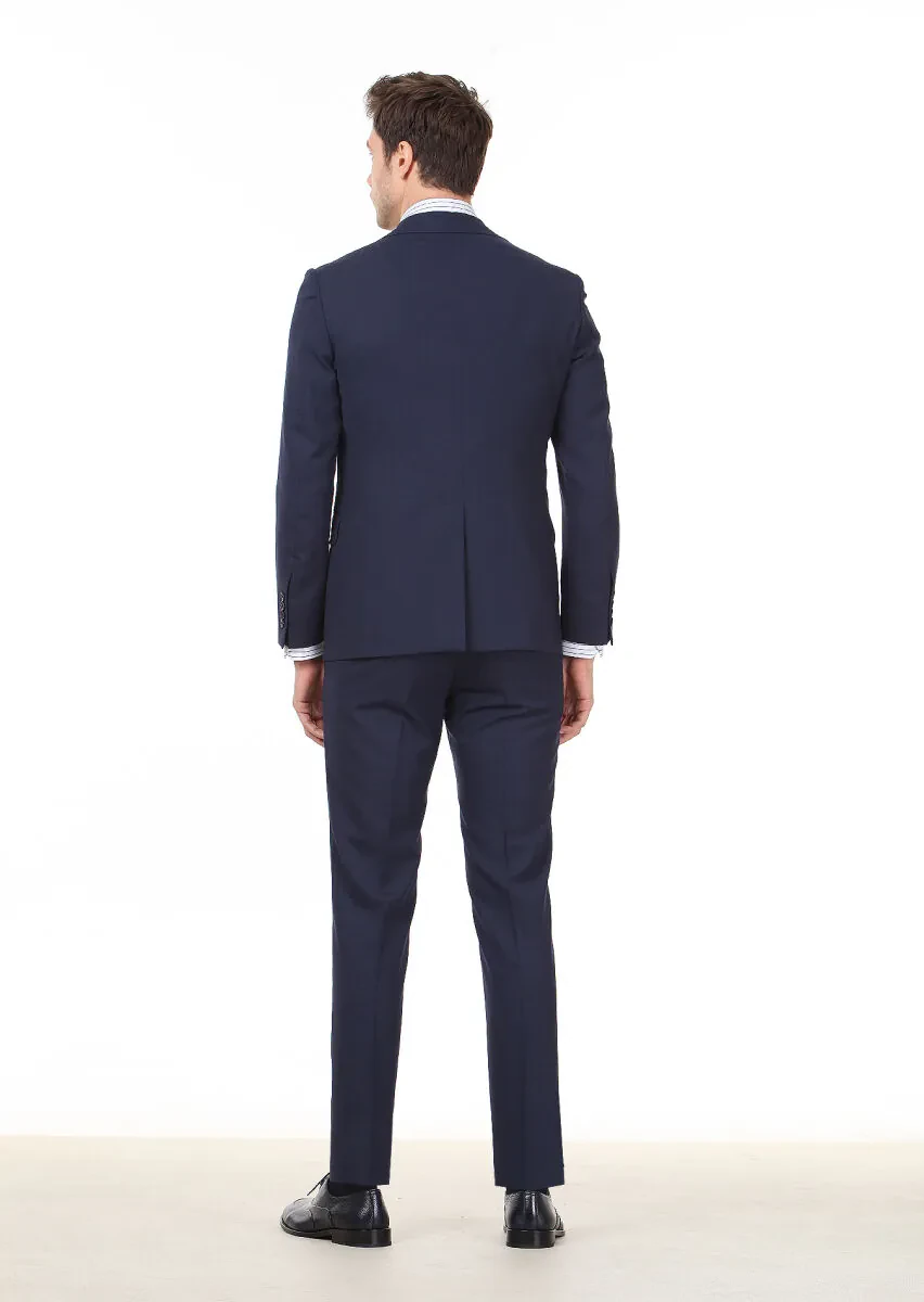 Navy Blue Plain Modern Fit Wool Blended Suit - 4