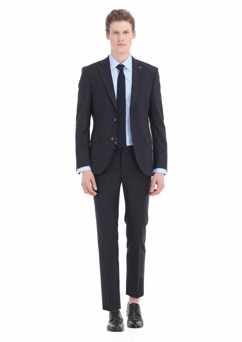 Navy Blue Plain Modern Fit Wool Blended Suit - 1