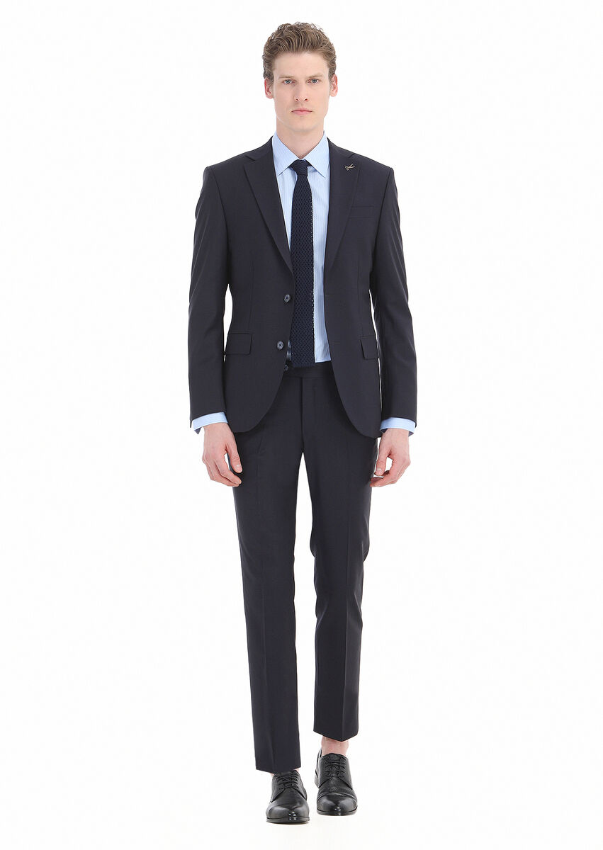 Navy Blue Plain Modern Fit Wool Blended Suit - 1