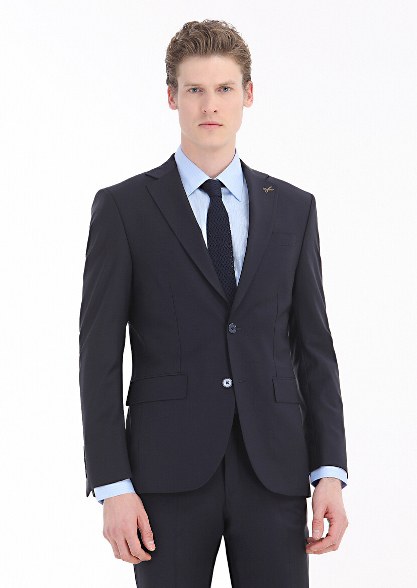 Navy Blue Plain Modern Fit Wool Blended Suit - 2