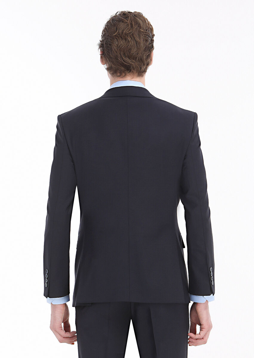 Navy Blue Plain Modern Fit Wool Blended Suit - 5