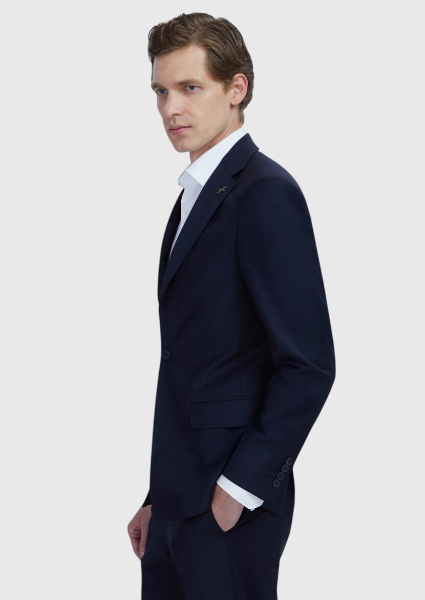 Navy Blue Plain Modern Fit Wool Blended Suit - 3