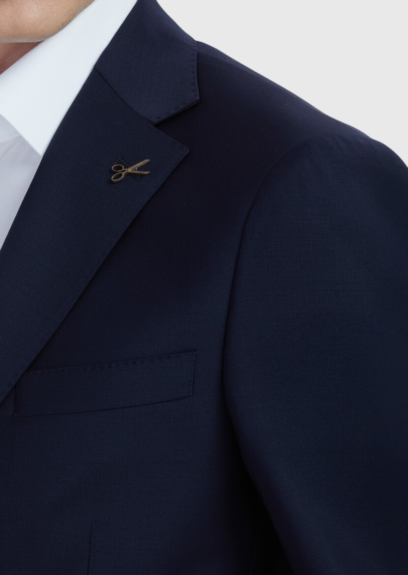 Navy Blue Plain Modern Fit Wool Blended Suit - 5