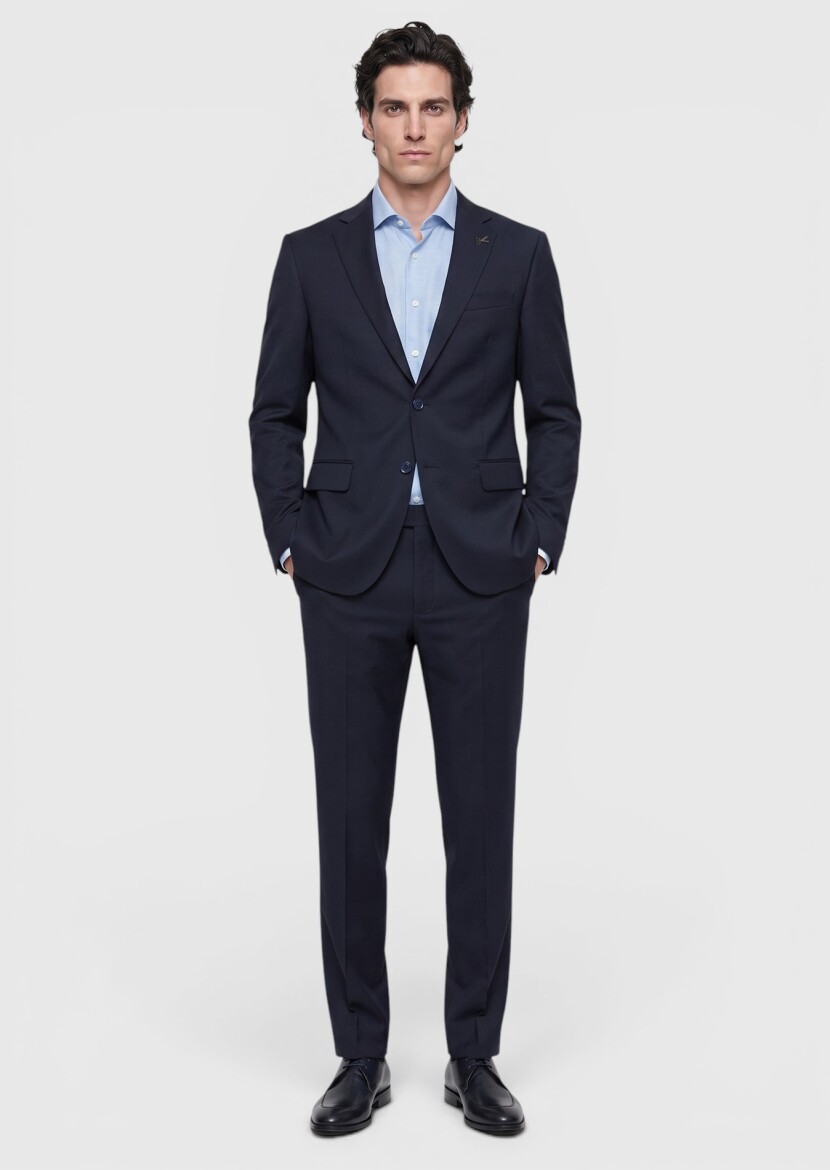 Navy Blue Plain Modern Fit Wool Blended Suit 