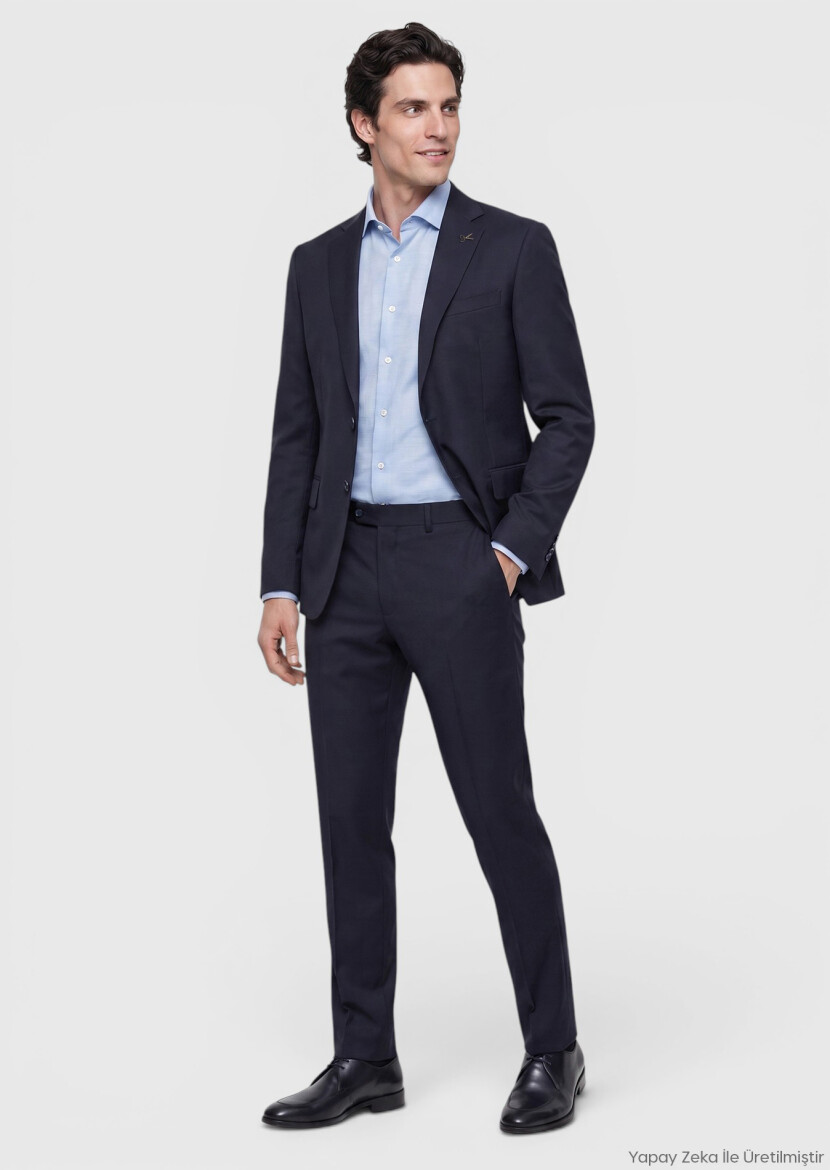 Navy Blue Plain Modern Fit Wool Blended Suit - RAMSEY