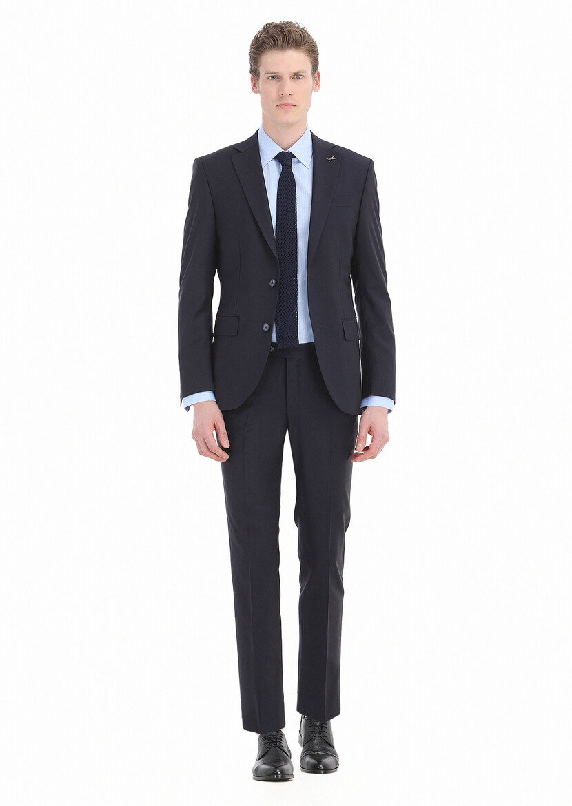 Navy Blue Plain Modern Fit Wool Blended Suit - 1