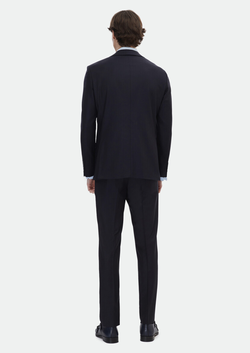 Navy Blue Plain Modern Fit Wool Blended Suit - 5