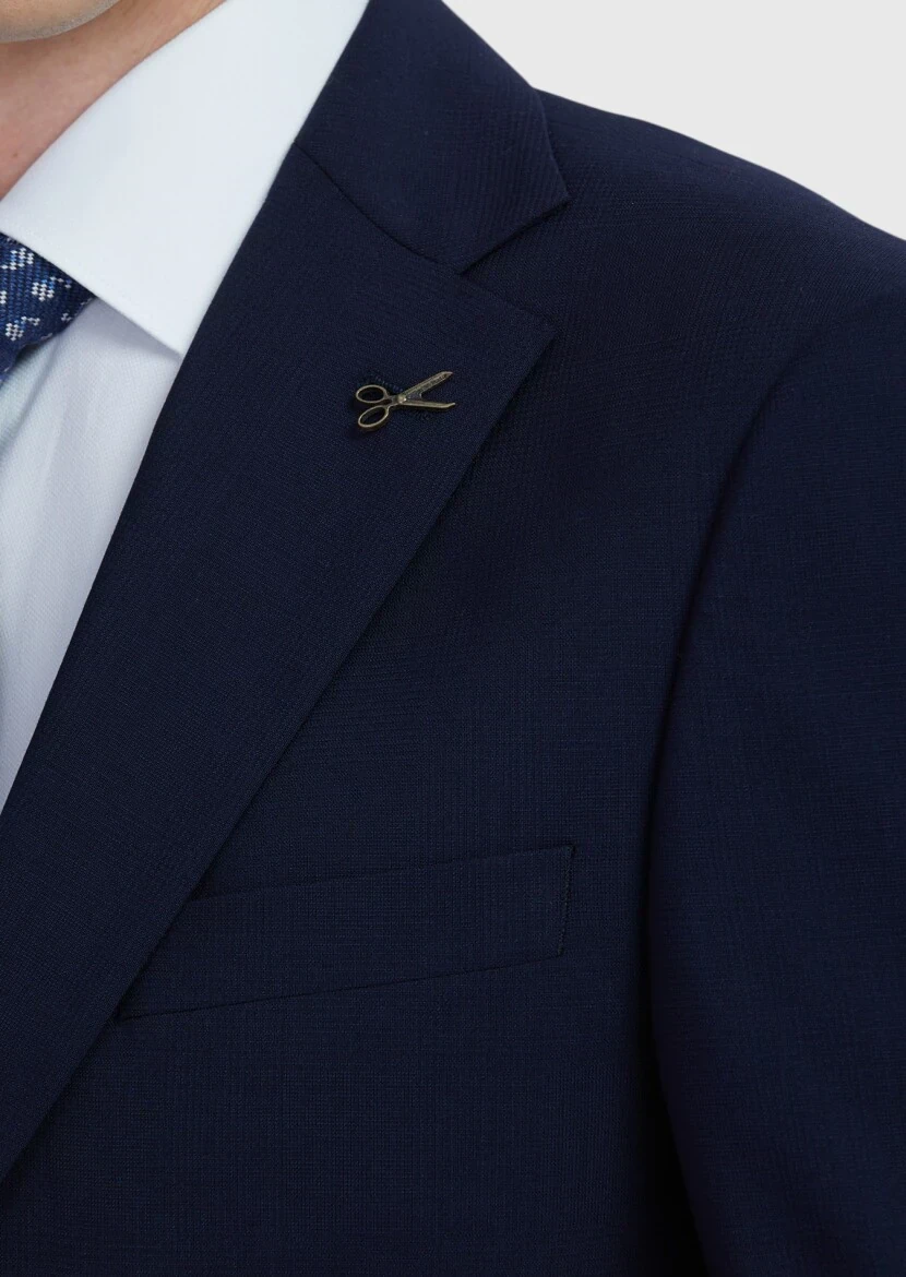 Navy Blue Plain Modern Fit Wool Blended Suit - 5
