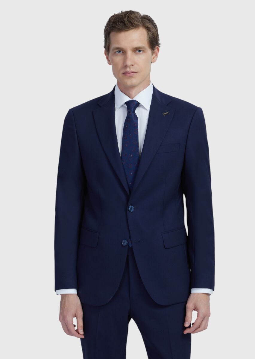 Navy Blue Plain Modern Fit Wool Blended Suit - 1