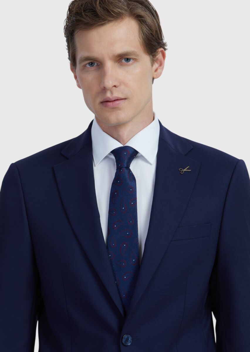Navy Blue Plain Modern Fit Wool Blended Suit - 4