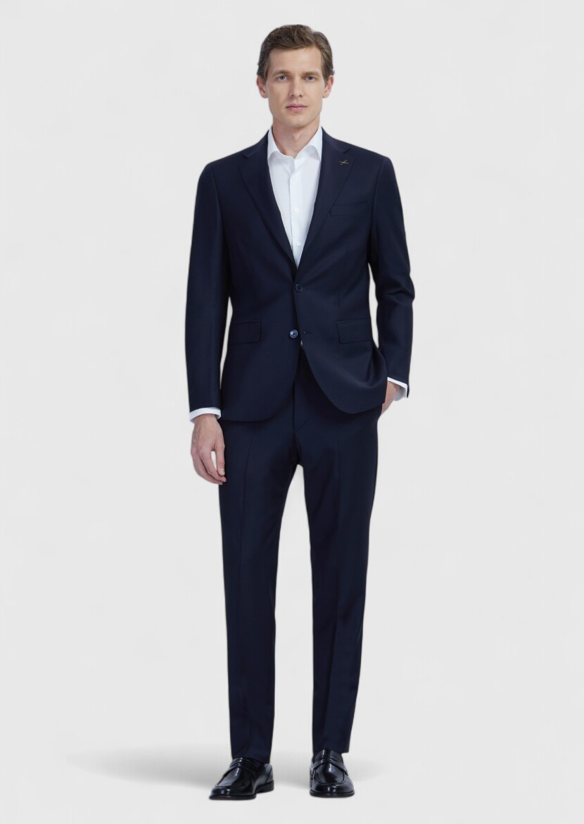 Navy Blue Plain Modern Fit Wool Blended Suit - 2