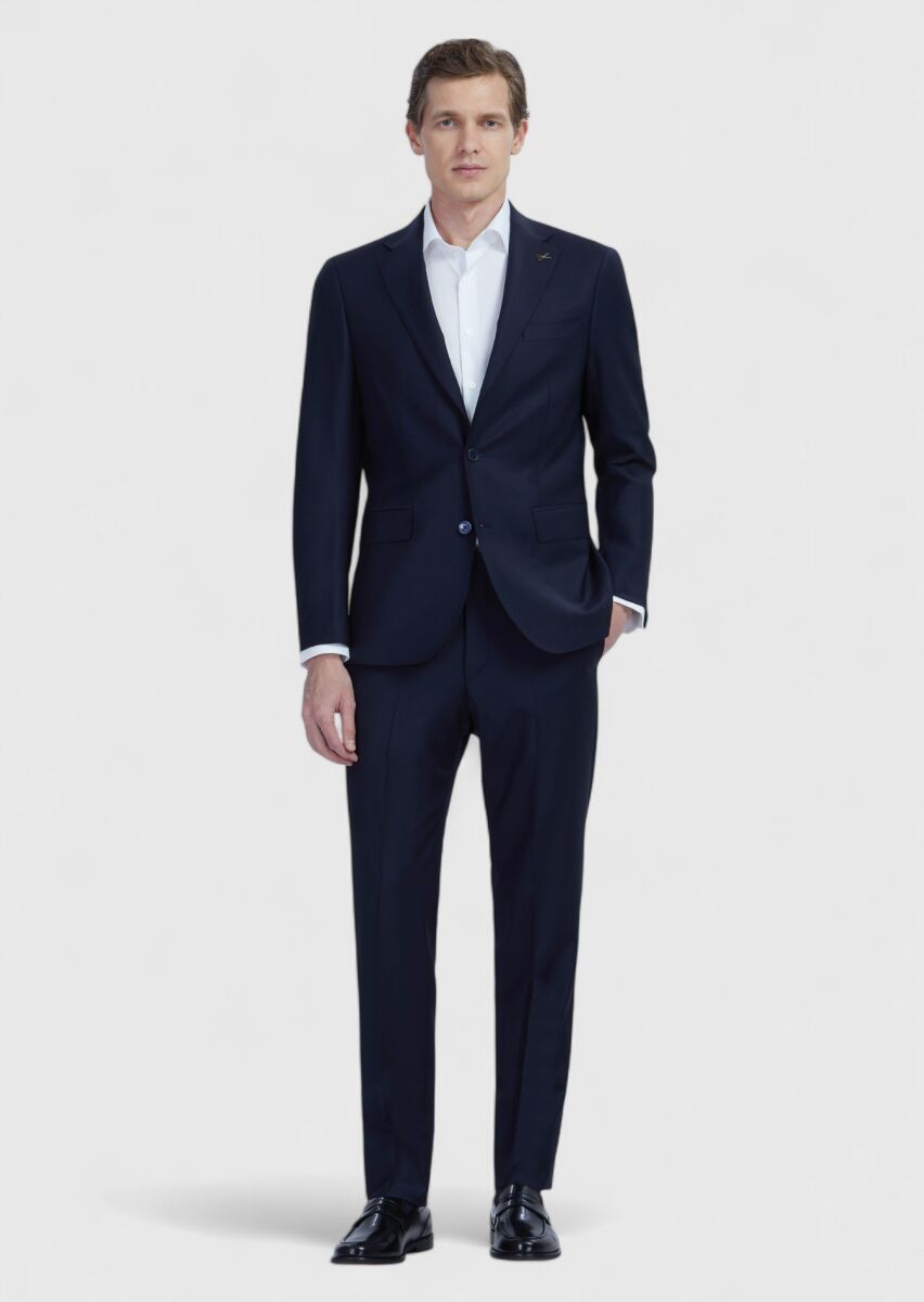 Navy Blue Plain Modern Fit Wool Blended Suit - 2