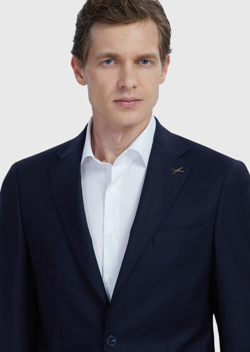 Navy Blue Plain Modern Fit Wool Blended Suit - 4