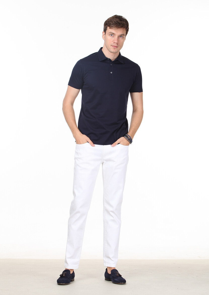 Navy Blue Plain Polo Neck 100% Cotton T-Shirt - 3