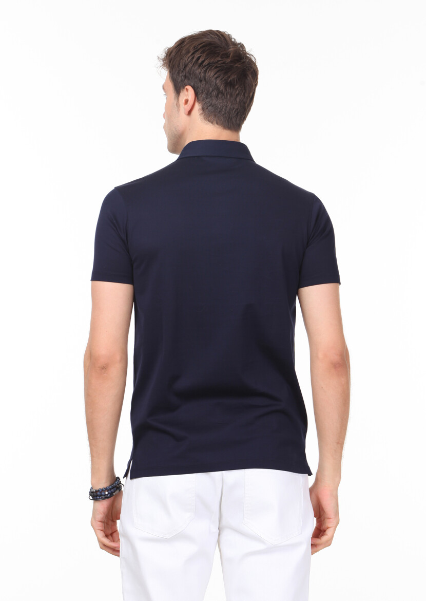 Navy Blue Plain Polo Neck 100% Cotton T-Shirt - 4