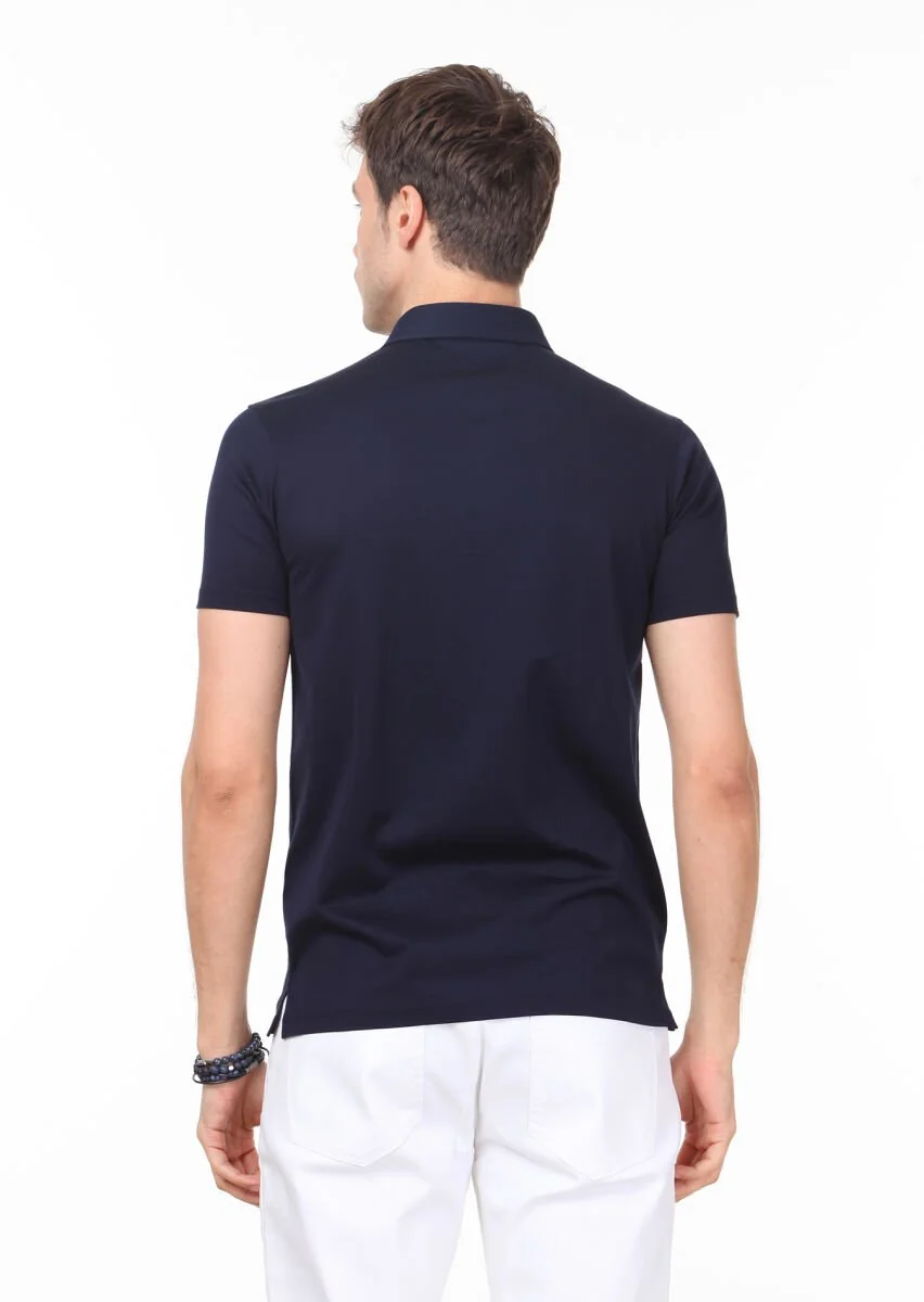 Navy Blue Plain Polo Neck 100% Cotton T-Shirt - 4