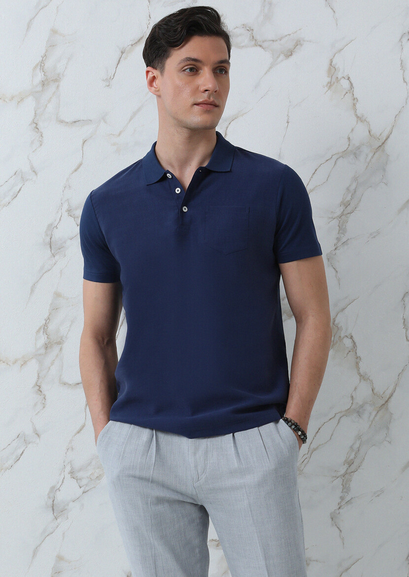 Navy Blue Plain Polo Neck 100% Cotton T-Shirt - 2